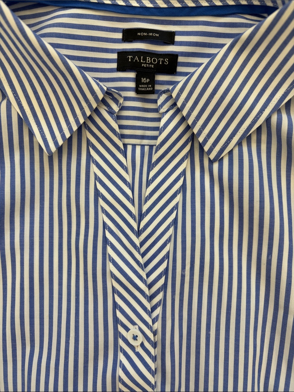 Talbots Blue/White Vertical-Striped Sleeveless Button-Down Shirt. Petite No Iron - Picture 9 of 9